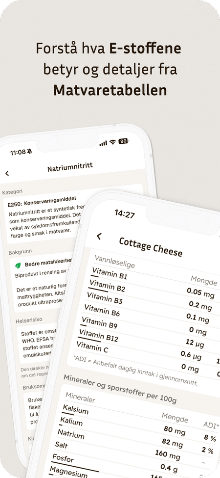 Forstå hva alle E-stoffene betyr og detaljer fra Matvaretabellen.