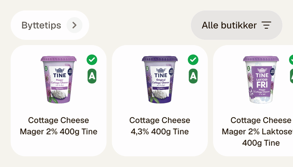 Byttetips fra Ultraprosessert til renvare Cottage Cheese i Trygg Mat-appen
