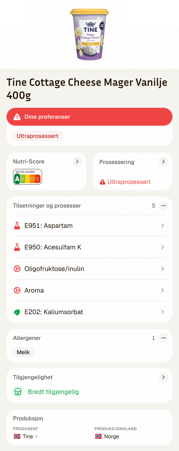 Ultraprosessert Cottage Cheese i Trygg Mat-appen