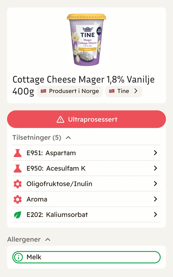 Ultraprosessert Cottage Cheese i Trygg Mat-appen